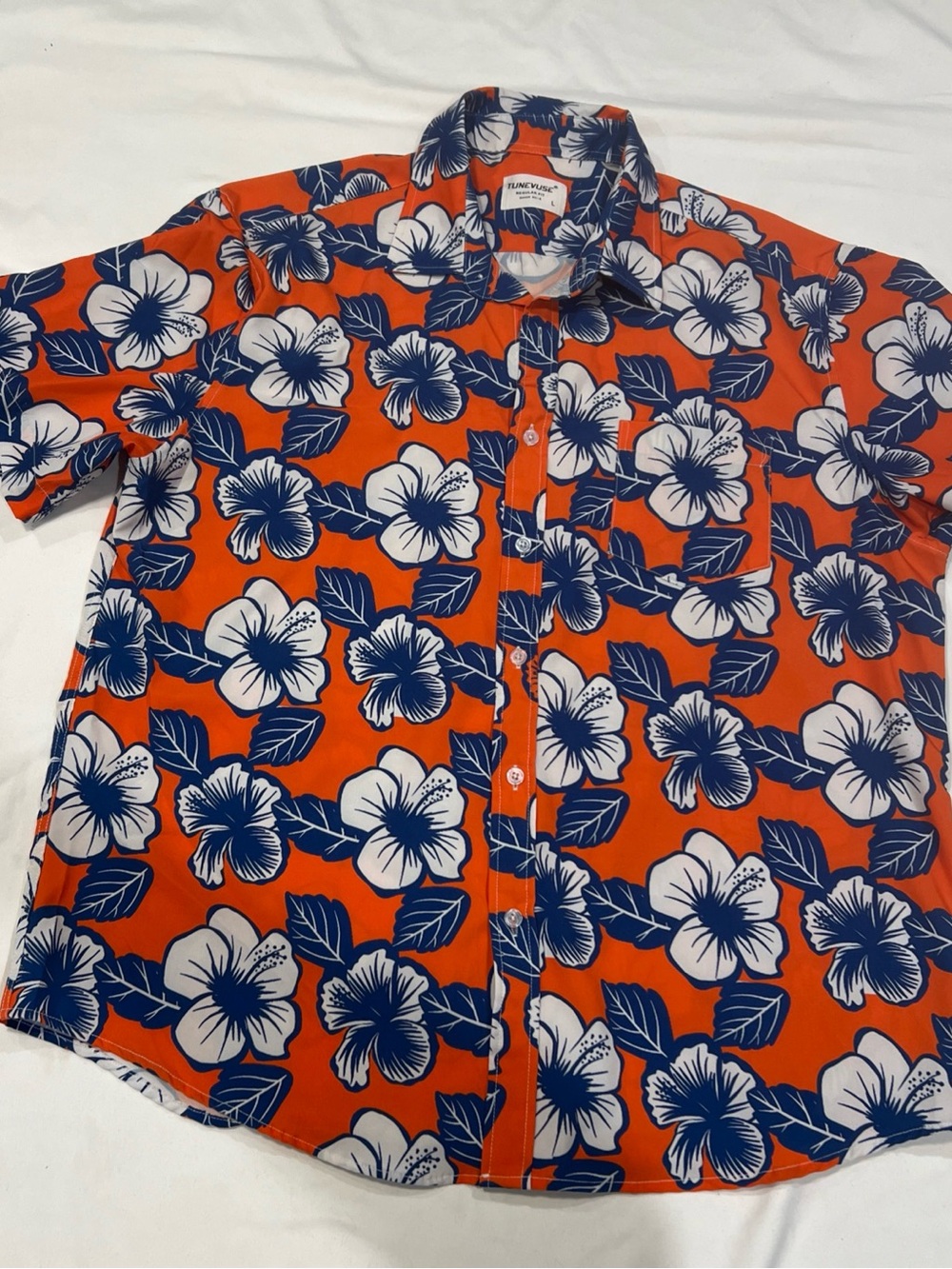 Tunevuse Island-Print Short Sleeve Button-Down Shirt in Orange, Navy & White